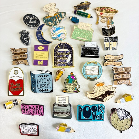 Estate Jewelry - Book Lover Enamel Pin Lot Typewriter Library Tea Reading 32pc Collection